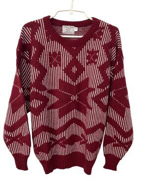 Vintage 90s College Point Sweater Small Crewneck Geometric Snowflakes Burgundy